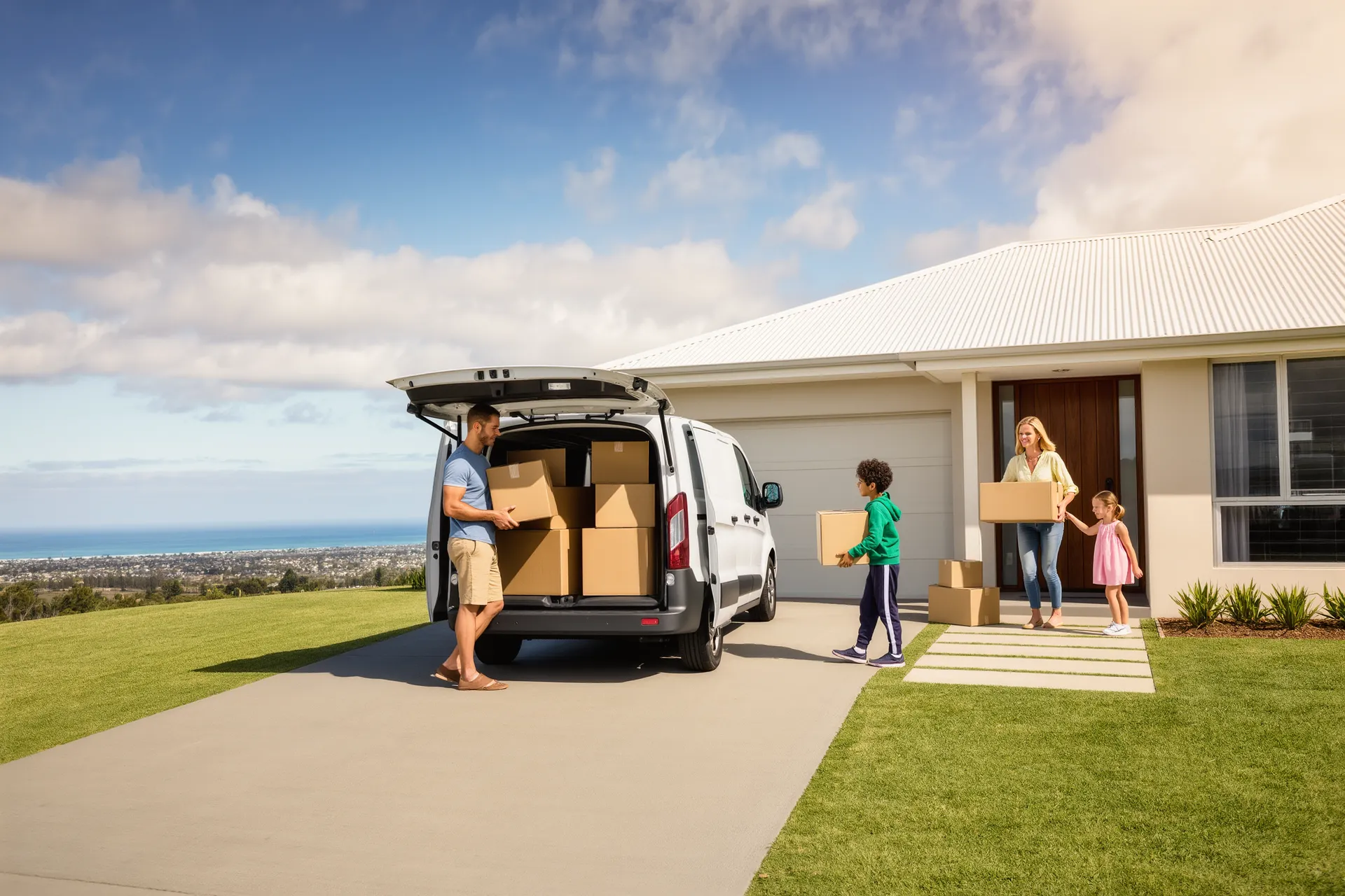 Artist's impression of a family outside a new home in the East of Aberline precinct